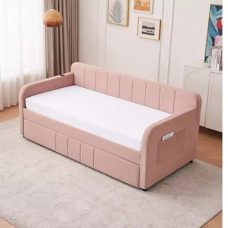 Cadre de lit de repos capitonné jumeau Zeus et Ruta avec lit gigogne pour chambre à coucher, salon, chambre d'amis
