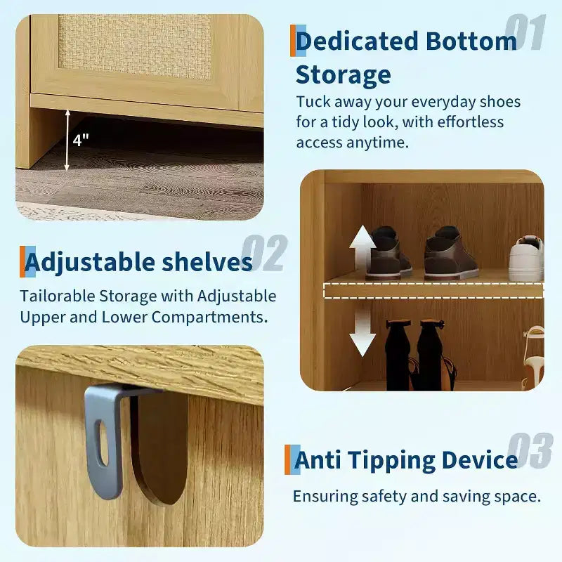 Shoe rack storage cabinet at the entrance, with a door and adjustable, suitable for corridors and living rooms, made of light oak material