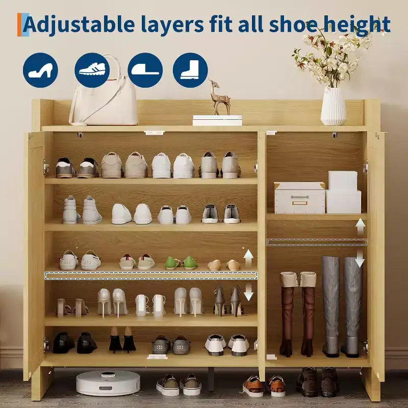 Meuble de rangement pour chaussures à l'entrée, avec une porte et des étagères réglables, adapté aux couloirs et aux salons, fabriqué en chêne clair