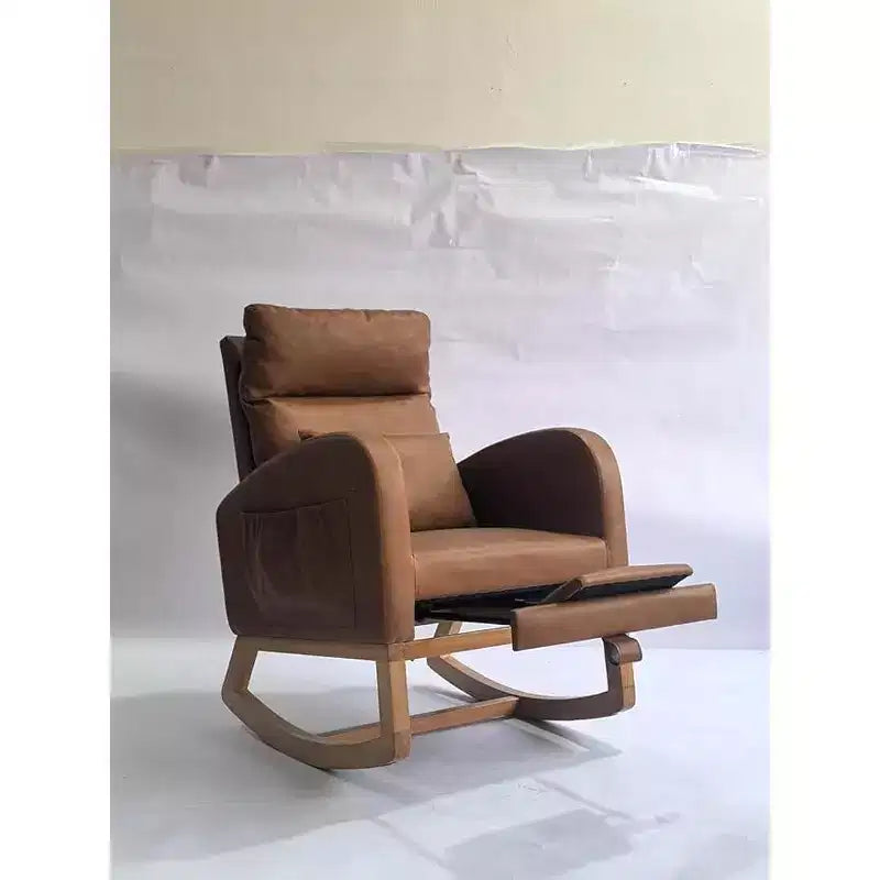 Nursery Glider Rocking Chair with High Backrest, Upholstered Breathable PU Leather & Sturdy Wooden Legs, Comfortable Nursing Chair