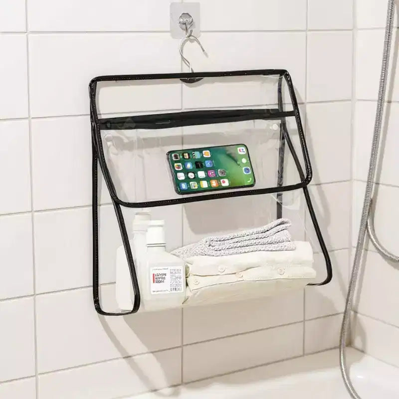 Alilang Lot de 2 organiseurs de douche suspendus transparents pour femme avec poche pour téléphone tactile et étagère de rangement résistante à l'eau – Noir