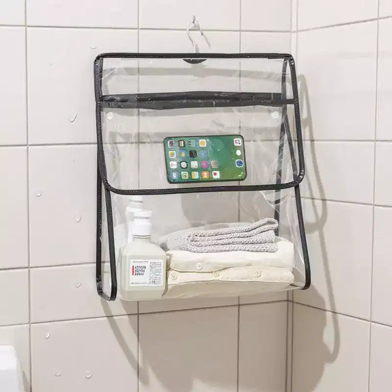 Alilang Lot de 2 organiseurs de douche suspendus transparents pour femme avec poche pour téléphone tactile et étagère de rangement résistante à l'eau – Noir