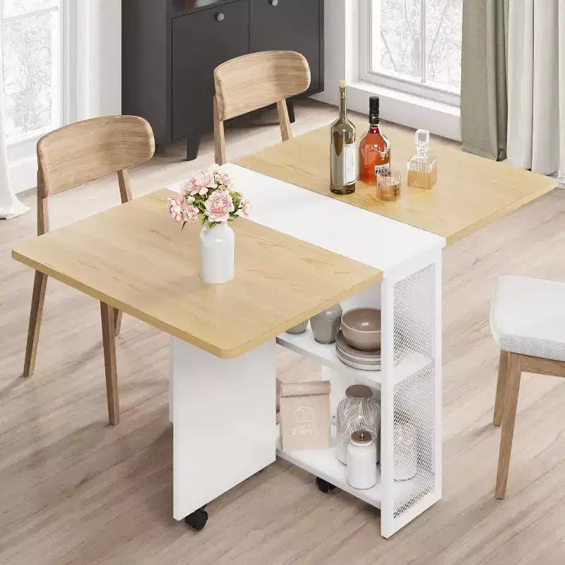 Folding Dining Table with Storage,Drop Leaf Table w/Wheels,Multifunction Expandable Dining Table with 2 Storage Shelves for Kitchen,Living Room