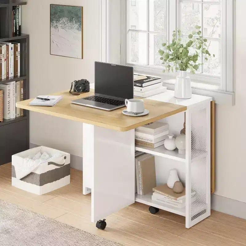 Folding Dining Table with Storage,Drop Leaf Table w/Wheels,Multifunction Expandable Dining Table with 2 Storage Shelves for Kitchen,Living Room