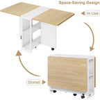 Folding Dining Table with Storage,Drop Leaf Table w/Wheels,Multifunction Expandable Dining Table with 2 Storage Shelves for Kitchen,Living Room