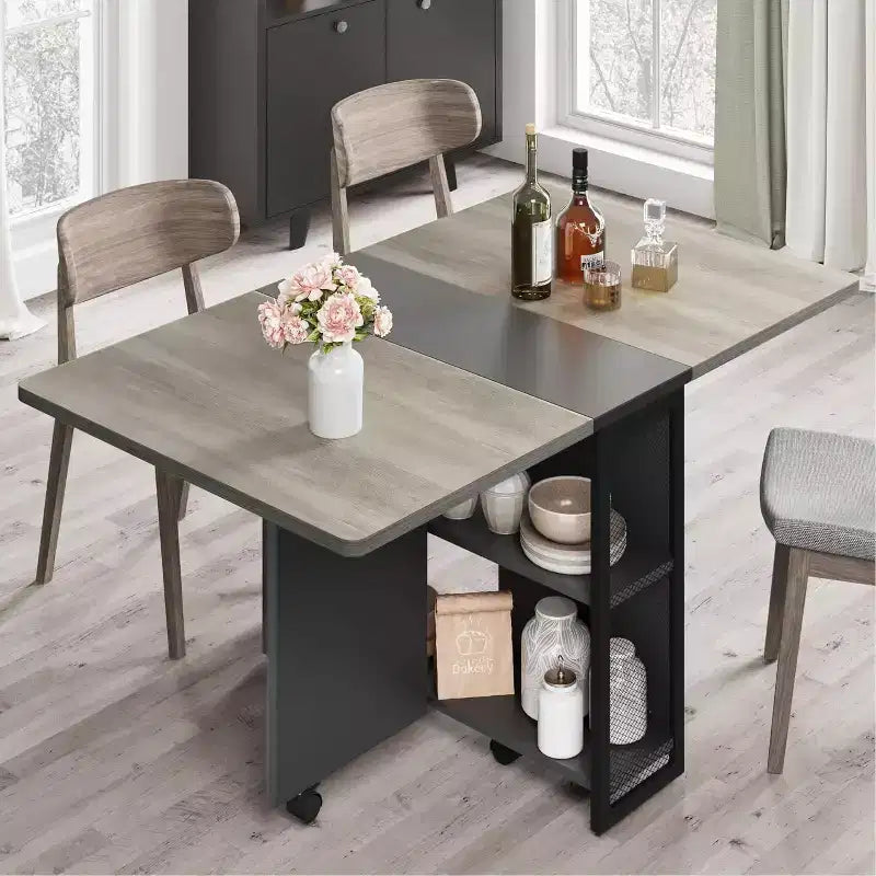 Folding Dining Table with Storage,Drop Leaf Table w/Wheels,Multifunction Expandable Dining Table with 2 Storage Shelves for Kitchen,Living Room