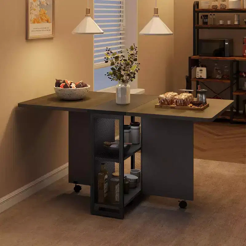 Folding Dining Table with Storage,Drop Leaf Table w/Wheels,Multifunction Expandable Dining Table with 2 Storage Shelves for Kitchen,Living Room