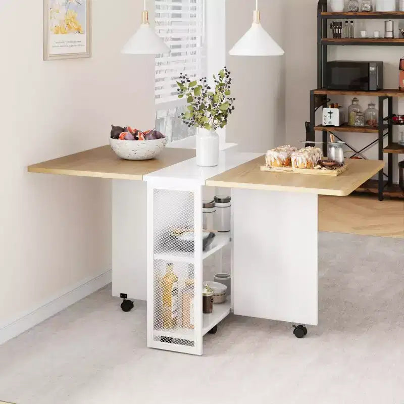 Folding Dining Table with Storage,Drop Leaf Table w/Wheels,Multifunction Expandable Dining Table with 2 Storage Shelves for Kitchen,Living Room