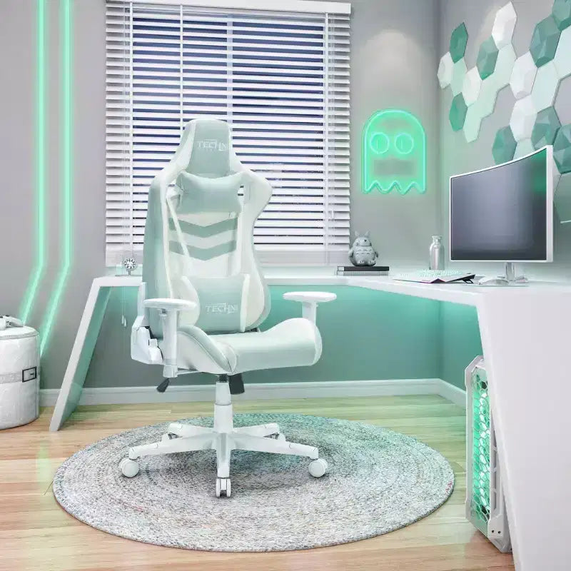 TUYOHW Chaise de jeu pivotante de 136 kg avec hauteur réglable, oreiller lombaire et appui-tête, roulettes, fauteuil de bureau ergonomique pour le bureau et la maison
