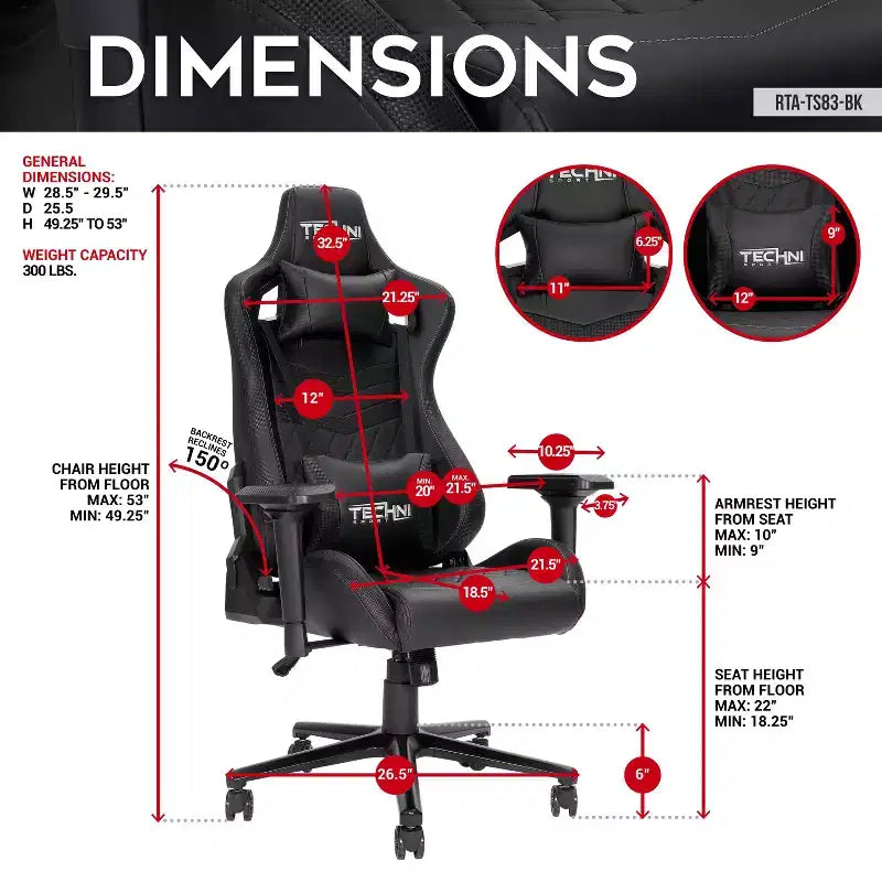 TUYOHW Adjustable Ergonomics Gaming Chair,360 Swivel Office Chairs with Head&Lumbar Pillow,90-150 Recliner Chair for Office&Home,300lbs Max,Black