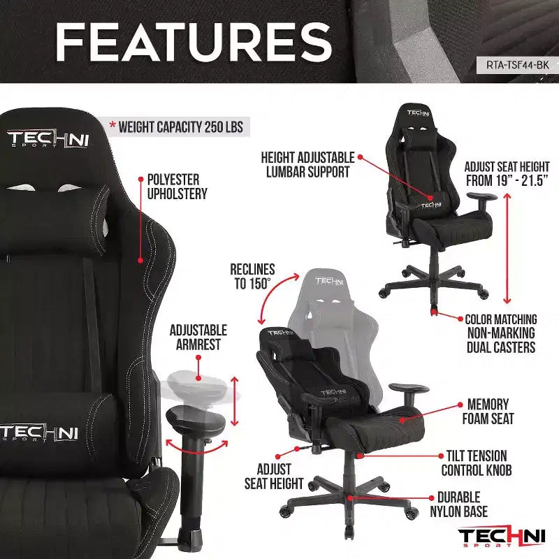 TUYOHW Adjustable Ergonomics Gaming Chair 360 Swivel Office Chairs with Head&Lumbar Pillow,90-150 Recliner Chair for Office&Home,250lbs Max,Black