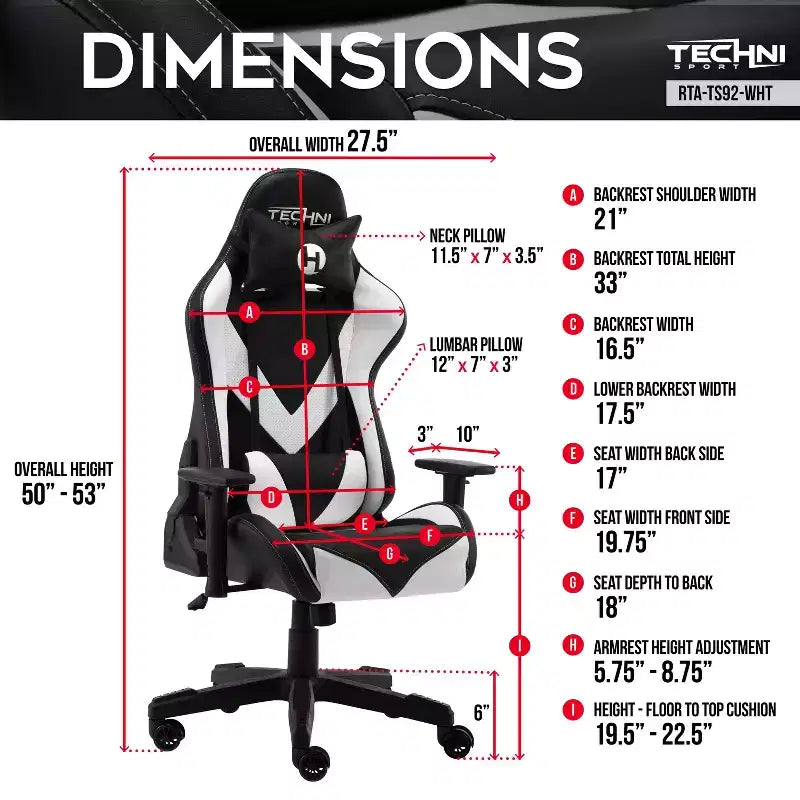TUYOHW Adjustable Ergonomics Gaming Chair,360 Swivel Office Chairs with Head&Lumbar Pillow,90-150 Reclining Chair for Office&Home,250lbs Max,White