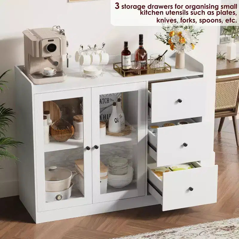 COZONY 35 Armoire de Cuisine, Meuble Bar à Café avec 3 Tiroirs et Portes, Buffet Autoportant pour Salle à Manger et Salon