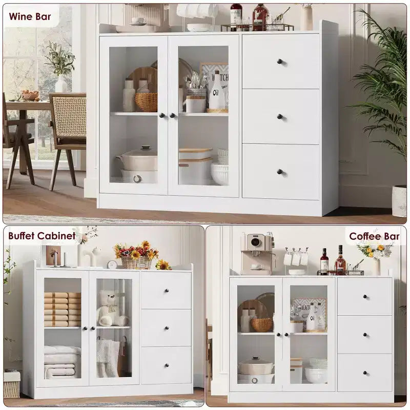 COZONY 35 Armoire de Cuisine, Meuble Bar à Café avec 3 Tiroirs et Portes, Buffet Autoportant pour Salle à Manger et Salon