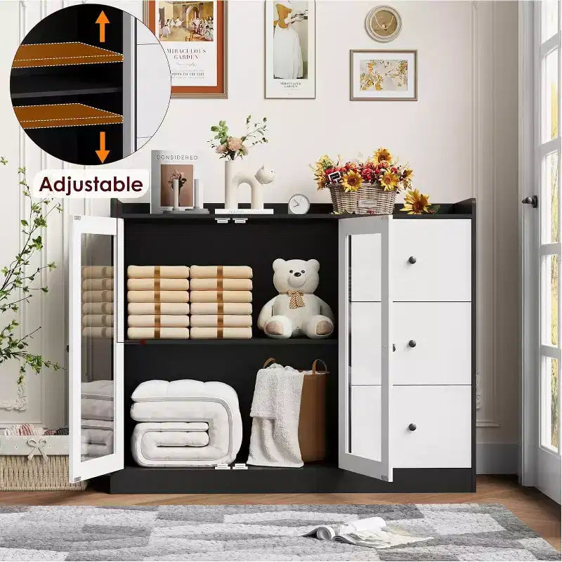 COZONY 35 Armoire de Cuisine, Meuble Bar à Café avec 3 Tiroirs et Portes, Buffet Autoportant pour Salle à Manger et Salon