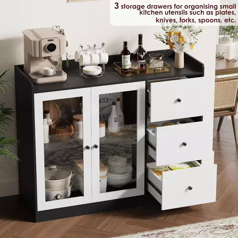COZONY 35 Armoire de Cuisine, Meuble Bar à Café avec 3 Tiroirs et Portes, Buffet Autoportant pour Salle à Manger et Salon