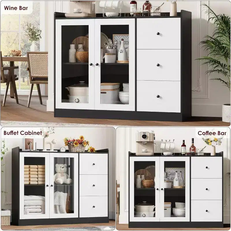 COZONY 35 Armoire de Cuisine, Meuble Bar à Café avec 3 Tiroirs et Portes, Buffet Autoportant pour Salle à Manger et Salon