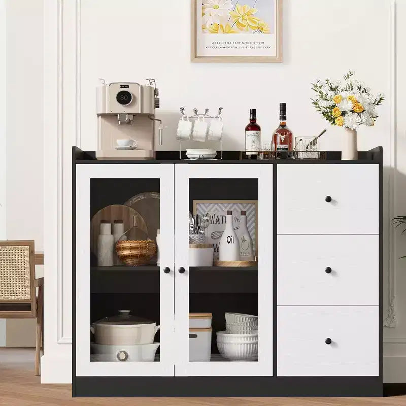 COZONY 35 Kitchen Hutch Storage Cabinet, Coffee Bar Cabinet with 3 Drawers & Doors, Freestanding Buffet for Dining Living Room