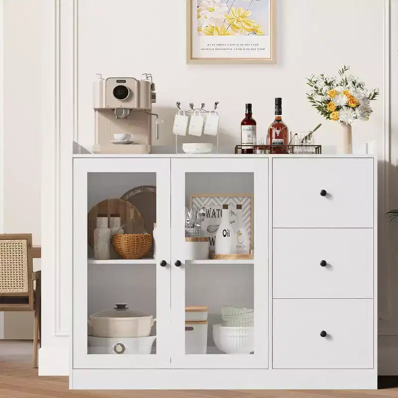 COZONY 35 Armoire de Cuisine, Meuble Bar à Café avec 3 Tiroirs et Portes, Buffet Autoportant pour Salle à Manger et Salon