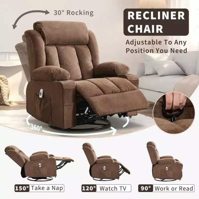 Fauteuil inclinable à bascule COZONY avec chauffage et massage - pivotant à 360°, grand fauteuil simple avec 3 positions, ports USB, porte-gobelets, poches latérales