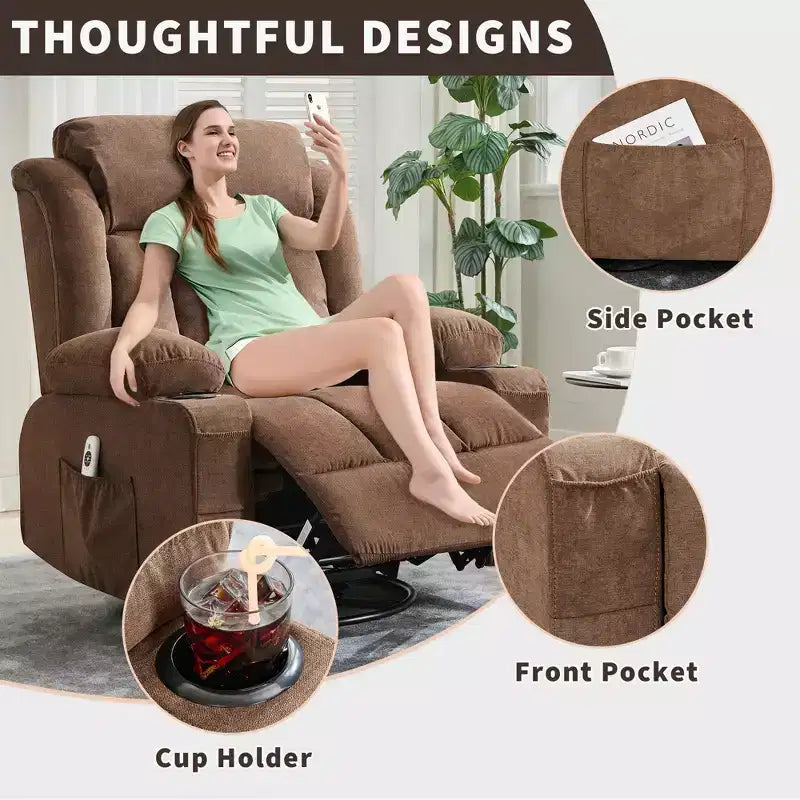 Fauteuil inclinable à bascule COZONY avec chauffage et massage - pivotant à 360°, grand fauteuil simple avec 3 positions, ports USB, porte-gobelets, poches latérales