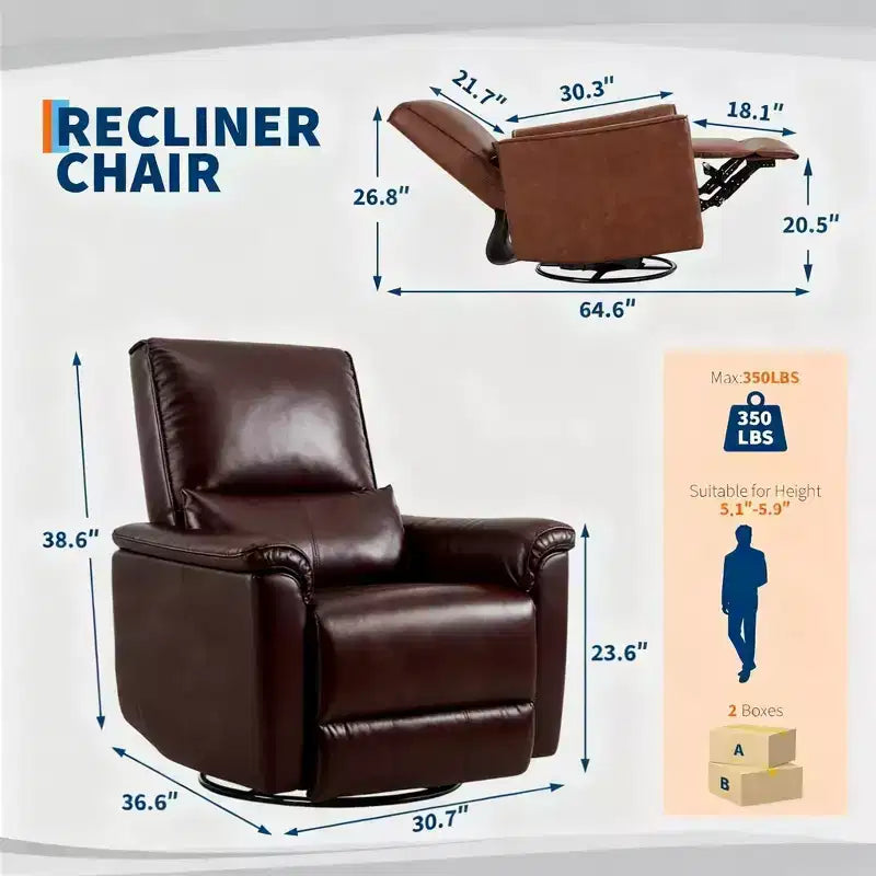 Fauteuil inclinable, Fauteuil à bascule pivotant à 360° avec accoudoirs rembourrés et assise profonde, Fauteuil inclinable en cuir PU pour salon