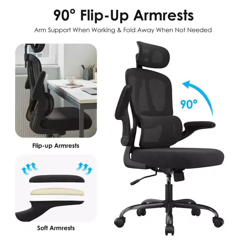 TUYOHW Ergonomic Mesh Office Chair with Adjustable Lumbar Support,Headrest & Flip-Up Armrests,Home Office Desk Chair for Study,Gaming Room