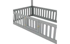 TUYOHW Twin Size Floor Bed Frame, Solid Pine Wood House Platform Bed Frame with Sky Roof & Guardrail Door, Toddler Bed for Kis Play & Sleep