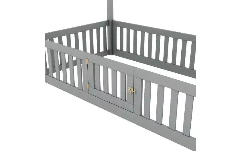 TUYOHW Twin Size Floor Bed Frame, Solid Pine Wood House Platform Bed Frame with Sky Roof & Guardrail Door, Toddler Bed for Kis Play & Sleep
