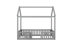 TUYOHW Twin Size Floor Bed Frame, Solid Pine Wood House Platform Bed Frame with Sky Roof & Guardrail Door, Toddler Bed for Kis Play & Sleep
