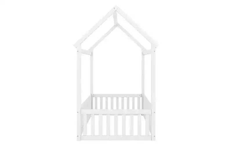 TUYOHW Twin Size Floor Bed Frame, Solid Pine Wood House Platform Bed Frame with Sky Roof & Guardrail Door, Toddler Bed for Kis Play & Sleep