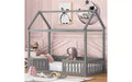 TUYOHW Twin Size Floor Bed Frame, Solid Pine Wood House Platform Bed Frame with Sky Roof & Guardrail Door, Toddler Bed for Kis Play & Sleep