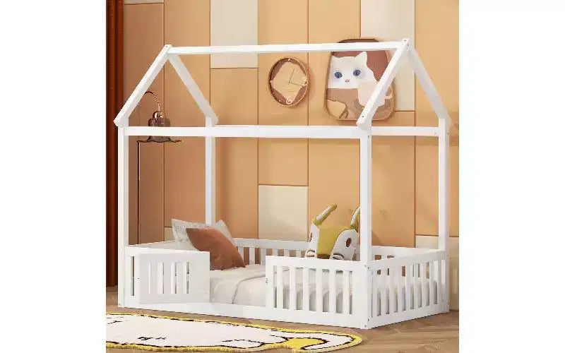 TUYOHW Twin Size Floor Bed Frame, Solid Pine Wood House Platform Bed Frame with Sky Roof & Guardrail Door, Toddler Bed for Kis Play & Sleep