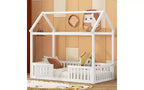 TUYOHW Twin Size Floor Bed Frame, Solid Pine Wood House Platform Bed Frame with Sky Roof & Guardrail Door, Toddler Bed for Kis Play & Sleep
