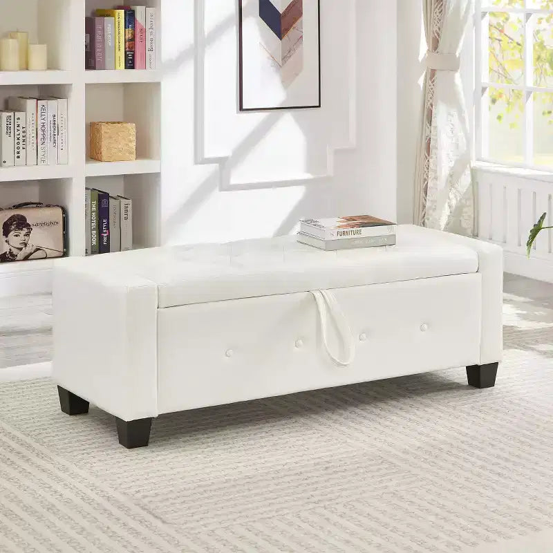 TUYOHW Modern Storage Bench with Button Tufted PU Upholstered Ottoman with Storage Entryway Bench with Flip Top End of Bed Bench for Living Room