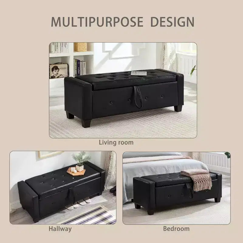 TUYOHW Modern Storage Bench with Button Tufted PU Upholstered Ottoman with Storage Entryway Bench with Flip Top End of Bed Bench for Living Room