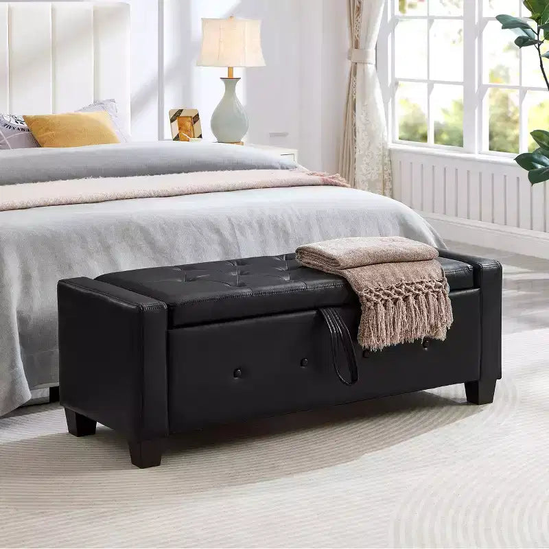 TUYOHW Modern Storage Bench with Button Tufted PU Upholstered Ottoman with Storage Entryway Bench with Flip Top End of Bed Bench for Living Room