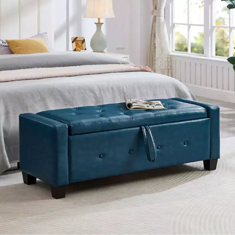 TUYOHW Modern Storage Bench with Button Tufted PU Upholstered Ottoman with Storage Entryway Bench with Flip Top End of Bed Bench for Living Room