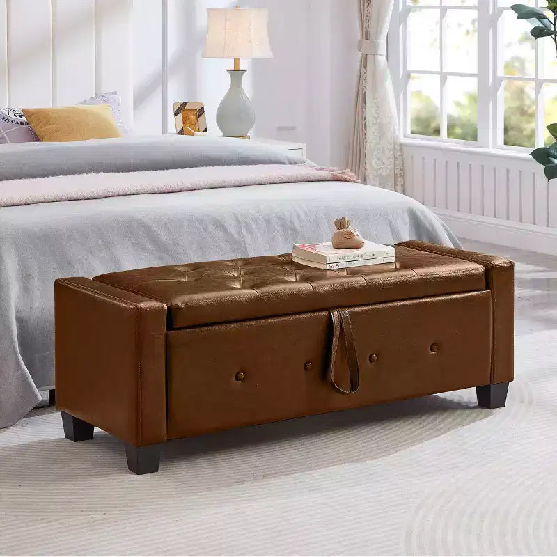 TUYOHW Modern Storage Bench with Button Tufted PU Upholstered Ottoman with Storage Entryway Bench with Flip Top End of Bed Bench for Living Room