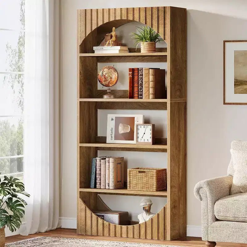 Lantine 70.8-Inch 5-Tier Tall Bookshelf, Farmhouse Wooden Bookcase with Fluted Arched Top for Living Room and Home Office