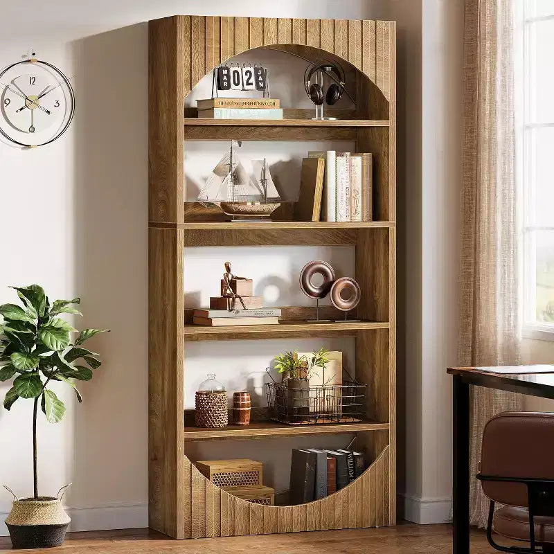 Lantine 70.8-Inch 5-Tier Tall Bookshelf, Farmhouse Wooden Bookcase with Fluted Arched Top for Living Room and Home Office