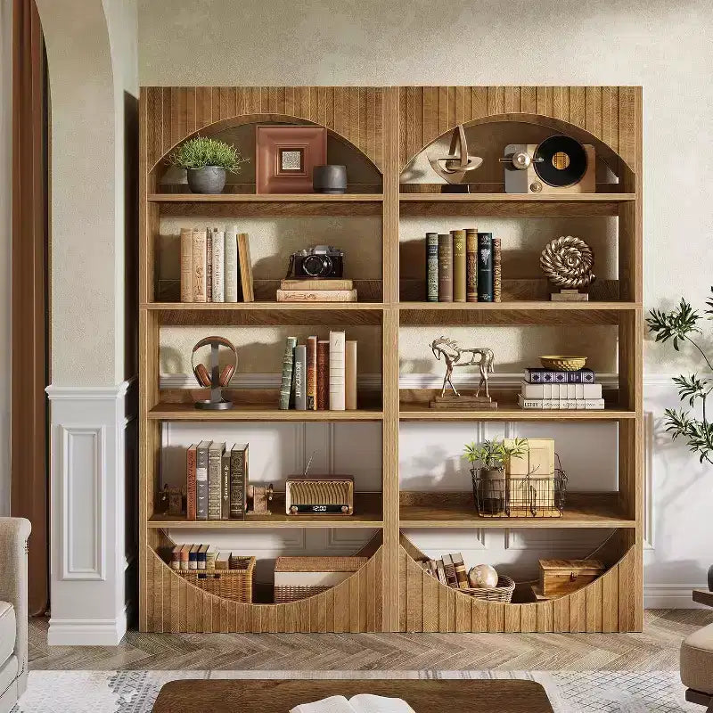 Lantine 70.8-Inch 5-Tier Tall Bookshelf, Farmhouse Wooden Bookcase with Fluted Arched Top for Living Room and Home Office