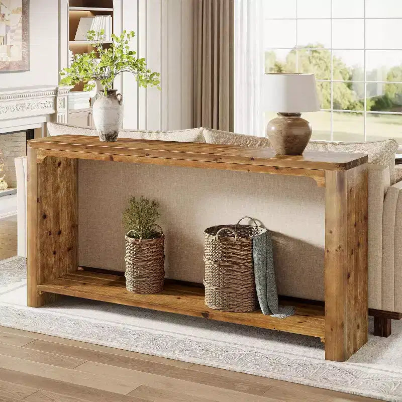 Lantine 63-Inch Solid Wood Console Table, Farmhouse Style 2-Tier Storage for Living Room, Entryway, Foyer, Behind Sofa, Rustic Brown