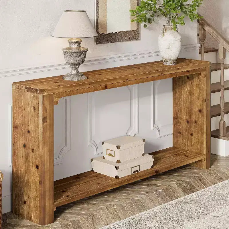 Lantine 63-Inch Solid Wood Console Table, Farmhouse Style 2-Tier Storage for Living Room, Entryway, Foyer, Behind Sofa, Rustic Brown