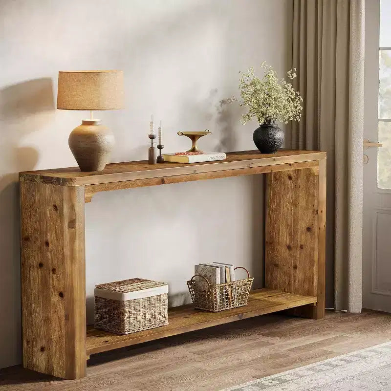 Lantine 63-Inch Solid Wood Console Table, Farmhouse Style 2-Tier Storage for Living Room, Entryway, Foyer, Behind Sofa, Rustic Brown