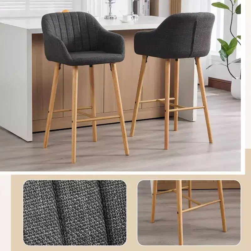 TUYOHW Lot de 2 tabourets de bar modernes en bois massif, chaises hautes d'îlot de cuisine avec accoudoir et repose-pieds, tabourets de bar en tissu de lin doux hauteur comptoir