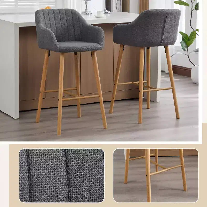 TUYOHW Lot de 2 tabourets de bar modernes en bois massif, chaises hautes d'îlot de cuisine avec accoudoir et repose-pieds, tabourets de bar en tissu de lin doux hauteur comptoir
