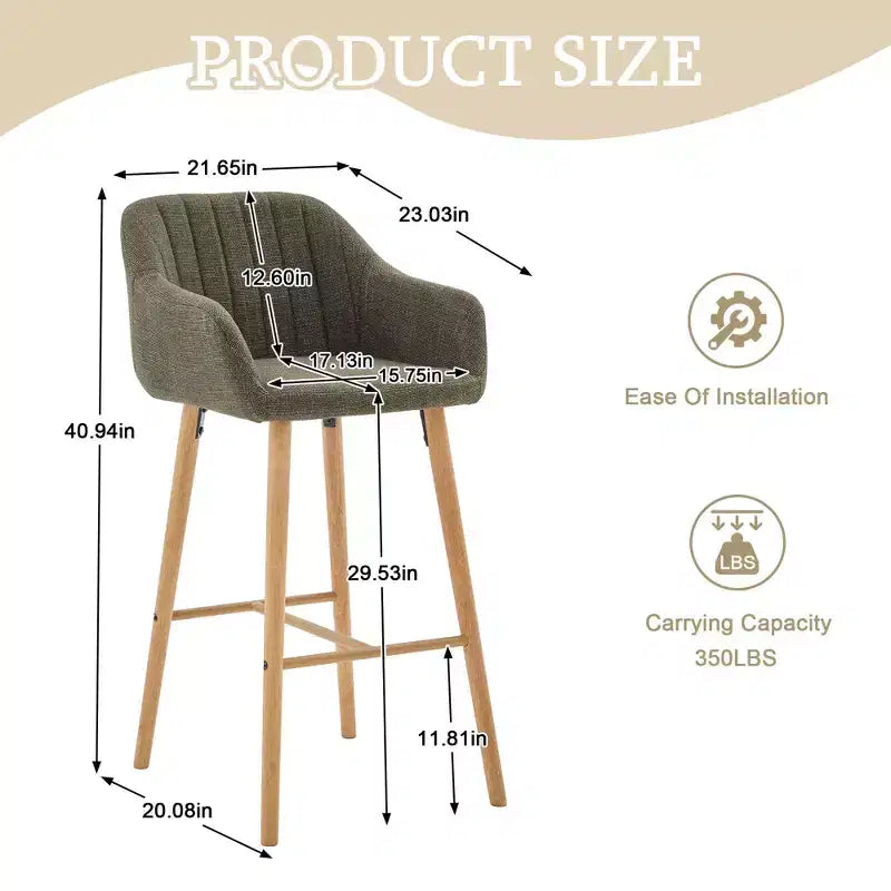TUYOHW Lot de 2 tabourets de bar modernes en bois massif, chaises hautes d'îlot de cuisine avec accoudoir et repose-pieds, tabourets de bar en tissu de lin doux hauteur comptoir