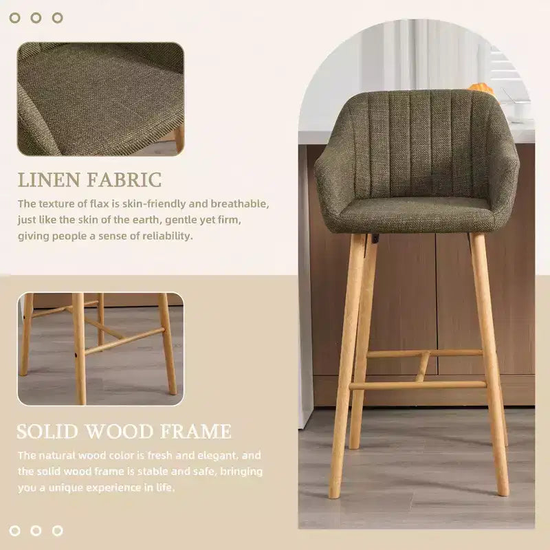 TUYOHW Lot de 2 tabourets de bar modernes en bois massif, chaises hautes d'îlot de cuisine avec accoudoir et repose-pieds, tabourets de bar en tissu de lin doux hauteur comptoir