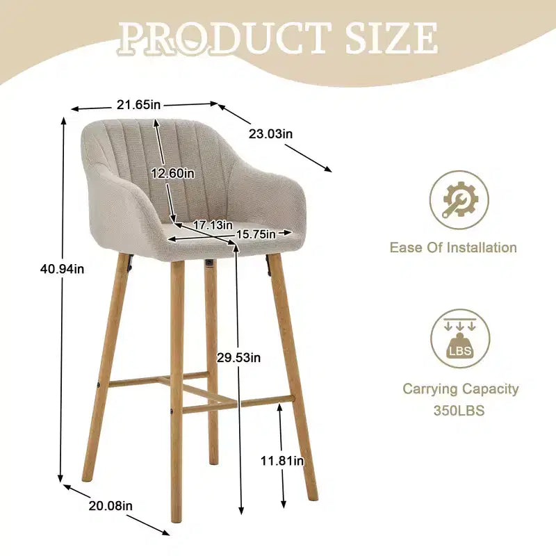 TUYOHW Lot de 2 tabourets de bar modernes en bois massif, chaises hautes d'îlot de cuisine avec accoudoir et repose-pieds, tabourets de bar en tissu de lin doux hauteur comptoir